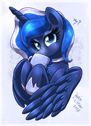 Size: 865x1200 | Tagged: safe, artist:joakaha, imported from derpibooru, princess luna, pony, cute, drinking, female, looking at you, lunabetes, mug, solo