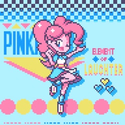 Size: 768x768 | Tagged: safe, artist:branewashpv, artist:theratedrshimmer, imported from derpibooru, pinkie pie, eqg summertime shorts, equestria girls, abstract background, clothes, cute, diapinkes, dress, female, one eye closed, open mouth, pixel art, retro, server pinkie pie, solo, waitress