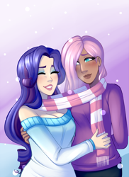 Size: 1200x1646 | Tagged: safe, artist:emberfan11, imported from derpibooru, fluttershy, rarity, human, breasts, cleavage, clothes, eyes closed, female, flarity, humanized, lesbian, moderate dark skin, scarf, shared clothing, shared scarf, shipping, smiling, snow, snowfall, sweater