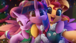 Size: 2000x1125 | Tagged: safe, artist:light262, imported from derpibooru, starlight glimmer, sunset shimmer, twilight sparkle, alicorn, pony, unicorn, c:, cape, cheek fluff, christmas, christmas tree, clothes, cute, daaaaaaaaaaaw, ear fluff, female, fluffy, glimmerbetes, happy, hnnng, holiday, hug, leg fluff, looking at you, mare, one eye closed, open mouth, right neighborhood, scarf, selfie, shimmerbetes, side hug, smiling, sparkles, sweater, tree, trio, twiabetes, twilight sparkle (alicorn), wink