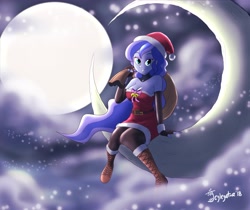 Size: 4096x3436 | Tagged: safe, artist:jeglegator, imported from derpibooru, princess luna, human, equestria girls, christmas, clothes, cloud, costume, female, hat, holiday, looking at you, moon, night, santa costume, santa hat, solo