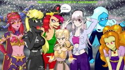 Size: 1024x576 | Tagged: safe, artist:susanzx2000, imported from derpibooru, adagio dazzle, oc, oc:matilda berserker, anthro, human, equestria girls, blizzard, blue diamond (steven universe), christmas, cromi, female, furry, gem (race), heroes of the storm, holiday, snow, snowfall, steven universe, super sonico, warcraft, world of warcraft, yvonne