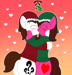 Size: 1280x1331 | Tagged: safe, artist:aarondrawsarts, imported from derpibooru, oc, oc:brain teaser, oc:rose bloom, bipedal, brainbloom, butt, christmas, clothes, hat, holiday, hug, kiss on the lips, kissing, mistletoe, oc x oc, plot, santa hat, shipping, sweater