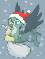 Size: 1542x2038 | Tagged: safe, artist:noupu, imported from derpibooru, gabby, griffon, bag, christmas, cute, female, gabbybetes, hat, holiday, santa hat, snow, solo