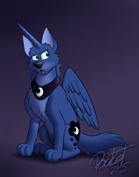 Size: 600x760 | Tagged: safe, artist:octanbearcat, imported from derpibooru, princess luna, wolf, collar, cutie mark, furry, fursona, horn, simple background, species swap, wings