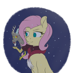 Size: 2449x2449 | Tagged: safe, artist:mephysta, imported from derpibooru, discord, fluttershy, draconequus, pegasus, pony, bust, clothes imitation, coils, disclothes, female, looking at each other, mare, no pupils, snow, snowfall, three quarter view