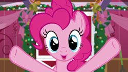 Size: 1280x720 | Tagged: safe, imported from derpibooru, screencap, pinkie pie, earth pony, pony, the great escape room, female, mare, open mouth, smiling, solo