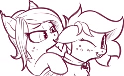 Size: 1280x781 | Tagged: source needed, safe, artist:anti1mozg, imported from derpibooru, oc, oc:lemon squeezy, oc:little mine, bat pony, fox, fox pony, hybrid, original species, pegasus, pony, biting, ear bite, female, freckles, monochrome, sketch