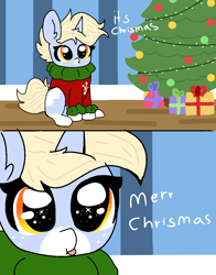 Size: 940x1200 | Tagged: safe, artist:nootaz, imported from derpibooru, oc, oc only, oc:nootaz, pony, :p, christmas, christmas tree, cute, holiday, it chrismas, nootabetes, nootaz is trying to murder us, ocbetes, ponified meme, silly, solo, tongue out, tree