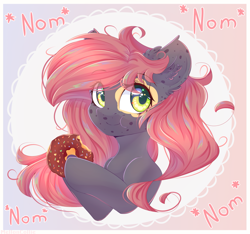 Size: 2529x2371 | Tagged: safe, artist:melloncollie-chan, imported from derpibooru, oc, oc only, oc:mitra, pony, candy, donut, female, food, nom, simple background, solo