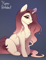 Size: 2000x2614 | Tagged: safe, artist:evehly, imported from derpibooru, oc, oc only, oc:crimson sunset, pony, unicorn, back fluff, chest fluff, cute, female, gift art, hair over one eye, leg fluff, mare, ocbetes, simple background, smiling, solo