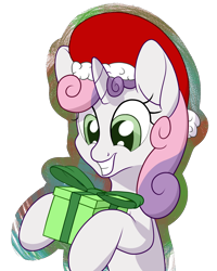 Size: 1600x2000 | Tagged: safe, artist:litrojia, imported from derpibooru, sweetie belle, pony, unicorn, abstract background, christmas, female, filly, hat, holiday, present, santa hat, smiling, solo