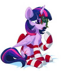 Size: 4708x5291 | Tagged: safe, artist:taneysha, imported from derpibooru, twilight sparkle, alicorn, pony, absurd resolution, christmas, clothes, cute, daaaaaaaaaaaw, female, holiday, horn impalement, mare, mistletoe, open mouth, ribbon, socks, solo, stockings, striped socks, thigh highs, twiabetes, twilight sparkle (alicorn)