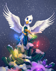 Size: 1234x1571 | Tagged: safe, artist:viwrastupr, imported from derpibooru, oc, oc only, oc:der, griffon, christmas, christmas lights, holiday, looking at you, male, micro, snow, solo, spread wings, tree, wings