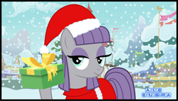 Size: 1140x646 | Tagged: safe, artist:anime-equestria, imported from derpibooru, maud pie, pony, bow, christmas, cute, female, happy, hat, holiday, maudabetes, ponyville, present, smiling, snow, snowfall, solo, vector, when she smiles