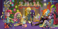 Size: 1200x607 | Tagged: safe, artist:tylerdashart, imported from derpibooru, applejack, discord, fluttershy, pinkie pie, rainbow dash, rarity, spike, twilight sparkle, alicorn, anthro, draconequus, dragon, earth pony, pegasus, unicorn, applejack's hat, book, bowl, button, candy, chocolate, christmas, christmas lights, christmas tree, clothes, converse, cowboy hat, cozy, cup, cute, dashabetes, diapinkes, discute, doll, eyes closed, female, fireplace, floppy ears, flutterpie, food, hat, hearth's warming eve, holiday, hot chocolate, hug, jackabetes, lesbian, mane seven, mane six, pants, plushie, present, raribetes, rarijack, shipping, shirt, shoes, shyabetes, signature, sitting, smiling, socks, spikabetes, toy, tree, twiabetes, twidash, twilight sparkle (alicorn), twilight's castle, warm, winged spike, winghug, wings