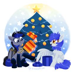 Size: 1200x1188 | Tagged: safe, artist:sonnatora, imported from derpibooru, oc, oc only, oc:gabriel, oc:mythic, bat pony, pegasus, pony, christmas, christmas lights, christmas tree, clothes, gift box, holiday, present, stockings, thigh highs, tree