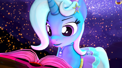 Size: 3840x2160 | Tagged: safe, artist:loveslove, imported from derpibooru, trixie, pony, unicorn, 3d, book, clothes, cute, cutie mark, diatrixes, equestria girls outfit, hairpin, high res, hoodie, horn, skirt, solo, source filmmaker