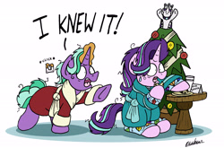 Size: 6044x3992 | Tagged: safe, artist:bobthedalek, imported from derpibooru, firelight, princess platinum, starlight glimmer, pony, unicorn, bathrobe, bed mane, caught, christmas, christmas tree, clothes, cookie, father and daughter, female, food, hearth's warming eve, holiday, implied princess platinum, kite, male, milk and cookies, pajamas, pure unfiltered evil, robe, sweat, sweatdrop, that pony sure does love kites, tree, whoops