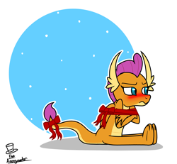 Size: 4531x4179 | Tagged: safe, artist:noidavaliable, imported from derpibooru, smolder, absurd resolution, adorable distress, blushing, bound wings, bow, christmas, cute, hearth's warming, holiday, smolderbetes