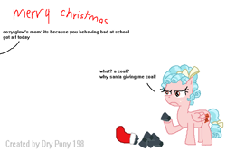 Size: 678x455 | Tagged: safe, artist:drypony198, imported from derpibooru, cozy glow, angry, christmas, christmas stocking, clothes, coal, cozy glow is not amused, engrish, foal, holiday, stockings, thigh highs