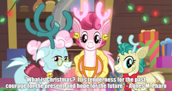 Size: 1615x861 | Tagged: safe, edit, edited screencap, imported from derpibooru, screencap, alice the reindeer, aurora the reindeer, bori the reindeer, deer, reindeer, best gift ever, agnes m pharo, caption, christmas, holiday, image macro, quote, text, the gift givers