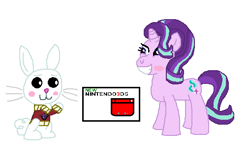 Size: 508x322 | Tagged: safe, artist:drypony198, imported from derpibooru, angel bunny, starlight glimmer, 3ds, blushing, box, clothes, female, interspecies, kite, male, shipping, starbunny, straight, sweater