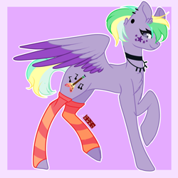 Size: 2030x2030 | Tagged: safe, artist:northlis, imported from derpibooru, oc, oc only, oc:sky 'strings' star, pegasus, pony, chest fluff, choker, clothes, colored wings, commission, ear fluff, ear piercing, earring, face tattoo, female, jewelry, mare, multicolored hair, multicolored wings, necklace, piercing, raised hoof, socks, solo, striped socks, tattoo