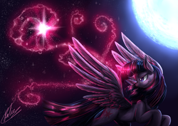 Size: 1169x826 | Tagged: safe, artist:pocketyhat, imported from derpibooru, twilight sparkle, alicorn, pony, female, full moon, glowing horn, magic, moon, night, signature, sky, smiling, solo, twilight sparkle (alicorn)