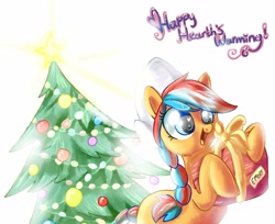 Size: 1594x1298 | Tagged: safe, artist:avui, imported from derpibooru, oc, oc:ember, oc:ember (hwcon), christmas, christmas tree, hearth's warming con, holiday, netherlands, present, tree