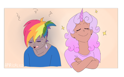 Size: 1398x876 | Tagged: safe, imported from derpibooru, oc, oc:quartz horn, oc:rainbow feather, hippogriff, human, defeated, horned humanization, humanized, interspecies offspring, magical lesbian spawn, offspring, parent:gilda, parent:rainbow dash, parents:gildash, sparkles, victory