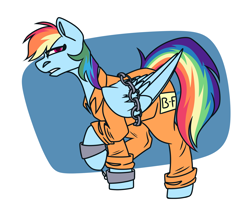 Size: 1700x1400 | Tagged: source needed, useless source url, safe, artist:sunny-synopsis, imported from derpibooru, rainbow dash, pegasus, pony, b-f16, bound wings, chains, clothes, cuffs, female, frustrated, prison outfit, prisoner rd, solo