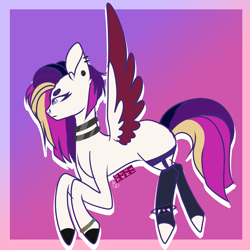 Size: 1820x1820 | Tagged: safe, artist:northlis, imported from derpibooru, oc, oc only, oc:neon gothic, pegasus, pony, androgynous, anklet, blank flank, bracelet, choker, clothes, colored wings, commission, ear piercing, earring, femboy, flying, jewelry, male, multicolored hair, multicolored wings, nose piercing, nose ring, piercing, raised hoof, socks, solo, spiked wristband, stallion, stockings, thigh highs, wristband