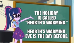 Size: 1460x865 | Tagged: safe, edit, edited screencap, imported from derpibooru, screencap, sci-twi, twilight sparkle, equestria girls, equestria girls series, caption, geode of telekinesis, hearth's warming, hearth's warming eve, image macro, magical geodes, sci-twi's chalkboard, text, truth, twilight sparkle's chalkboard