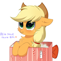 Size: 3000x3000 | Tagged: safe, artist:pesty_skillengton, imported from derpibooru, applejack, pony, box, cheek fluff, chest fluff, commissioner:raritybro, cute, daaaaaaaaaaaw, female, heart eyes, implied lesbian, implied rarijack, implied shipping, jackabetes, lesbian, pesty's little gift, pony in a box, present, rarijack, shipping, solo, weapons-grade cute, wingding eyes, ych result