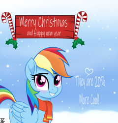 Size: 2300x2400 | Tagged: safe, artist:theretroart88, imported from derpibooru, rainbow dash, pegasus, pony, my little pony: the movie, blushing, candy, candy cane, christmas, clothes, female, food, holiday, scarf, snow, solo, winter outfit