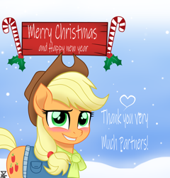 Size: 2300x2400 | Tagged: safe, artist:theretroart88, imported from derpibooru, applejack, earth pony, pony, my little pony: the movie, blushing, candy, candy cane, christmas, female, food, holiday, looking at you, snow, solo, winter outfit