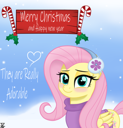 Size: 2300x2400 | Tagged: safe, artist:theretroart88, imported from derpibooru, fluttershy, pegasus, pony, my little pony: the movie, blushing, candy, candy cane, christmas, clothes, cute, earmuffs, female, food, holiday, looking at you, shyabetes, snow, solo, sweater, winter outfit