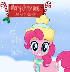 Size: 2300x2400 | Tagged: safe, artist:theretroart88, imported from derpibooru, pinkie pie, earth pony, pony, my little pony: the movie, blushing, candy, candy cane, christmas, clothes, female, food, hat, holiday, looking at you, scarf, snow, solo, winter outfit