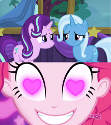 Size: 852x955 | Tagged: safe, artist:themexicanpunisher, edit, imported from derpibooru, screencap, pinkie pie, starlight glimmer, trixie, pony, unicorn, coinky-dink world, eqg summertime shorts, equestria girls, no second prances, female, heart eyes, meme, pinkie's eyes, shipper on deck, shipping fuel, wingding eyes