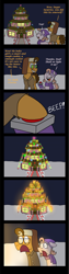 Size: 1001x3967 | Tagged: safe, artist:crazynutbob, imported from derpibooru, cheese sandwich, oc, oc:sugar surprise, deer, reindeer, big red button, boots, button, candy, candy cane, christmas, clothes, coat, comic, facial hair, father and daughter, female, filly, fire, food, glasses, hat, heart, hearth's warming, hearth's warming lights, holiday, house, lights, male, moustache, next generation, offspring, oops, parent:cheese sandwich, parent:pinkie pie, parents:cheesepie, rudolph the red nosed reindeer, scarf, shoes, snow, wreath