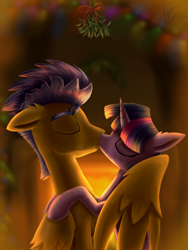 Size: 2304x3072 | Tagged: safe, artist:nightpaint12, imported from derpibooru, flash sentry, twilight sparkle, alicorn, pegasus, pony, christmas, christmas lights, cute, eyes closed, female, fire, fireplace, flashlight, holiday, hug, justice, kissing, male, mare, mistletoe, romantic, shipping, stallion, straight, twilight sparkle (alicorn), winghug