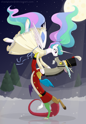 Size: 1200x1725 | Tagged: safe, artist:shadobabe, imported from derpibooru, discord, princess celestia, alicorn, draconequus, pony, clothes, dancing, dislestia, dress, eye contact, female, looking at each other, male, mare, night, pas de deux, shipping, straight, the nutcracker