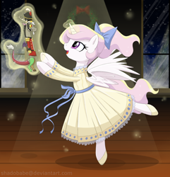 Size: 1200x1244 | Tagged: safe, artist:shadobabe, imported from derpibooru, discord, princess celestia, alicorn, draconequus, semi-anthro, ballerina, ballet, bow, cewestia, clothes, cute, cutelestia, dancing, dislestia, dress, female, filly, glowing horn, hair bow, magic, male, nutcracker doll, pink-mane celestia, ponytail, shipping, straight, telekinesis, the nutcracker, younger