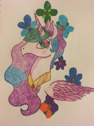 Size: 4032x3024 | Tagged: safe, artist:ice-star-pony, imported from derpibooru, princess celestia, alicorn, pony, blushing, bust, eyelashes, female, flower, flowing mane, missing accessory, solo, surreal, traditional art, wingding eyes