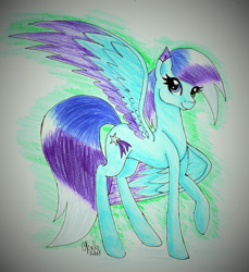 Size: 1152x1256 | Tagged: safe, artist:shadow-nights, imported from derpibooru, oc, oc only, oc:flash light, pegasus, pony, female, mare, paper, signature, simple background, smiling, solo, traditional art, white background