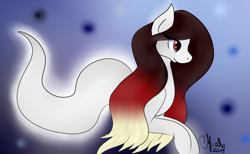 Size: 650x400 | Tagged: safe, artist:shadow-nights, imported from derpibooru, oc, oc only, oc:aave, ghost pony, pony, abstract background, female, gradient hair, gradient mane, mare, signature, smiling, solo