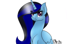 Size: 700x400 | Tagged: safe, artist:shadow-nights, imported from derpibooru, oc, oc only, oc:moonlight, alicorn, pony, alicorn oc, eye clipping through hair, female, looking at you, mare, signature, simple background, smiling, solo, white background