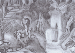 Size: 1733x1236 | Tagged: safe, artist:shadow-nights, imported from derpibooru, fluttershy, butterfly, pegasus, pony, amazed, female, looking at something, mare, monochrome, nature, open mouth, outdoors, pencil drawing, raised hoof, signature, smiling, solo, spread wings, three quarter view, traditional art, tree, water, waterfall, wings