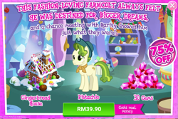 Size: 1031x687 | Tagged: safe, imported from derpibooru, pistachio, earth pony, pony, best gift ever, advertisement, costs real money, fashion, gameloft, gem, implied rarity, male, official, sale, stallion, teenager